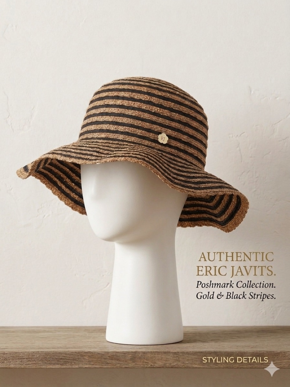Eric Javits Summer Hat Natural and Black Stripe One Size